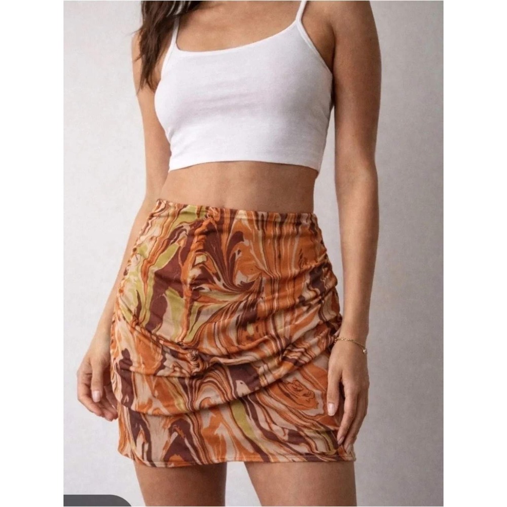 Urban Outfitters Orange Marble Swirl Ruched Mesh Mini Skirt Small